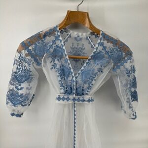 Sheer White & Blue Embroidered‎ Organza Dress Folk Prairie Boho XXS-XS